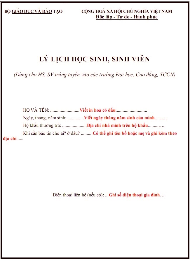cách ghi mãu hồ sơ học sinh sinh viên