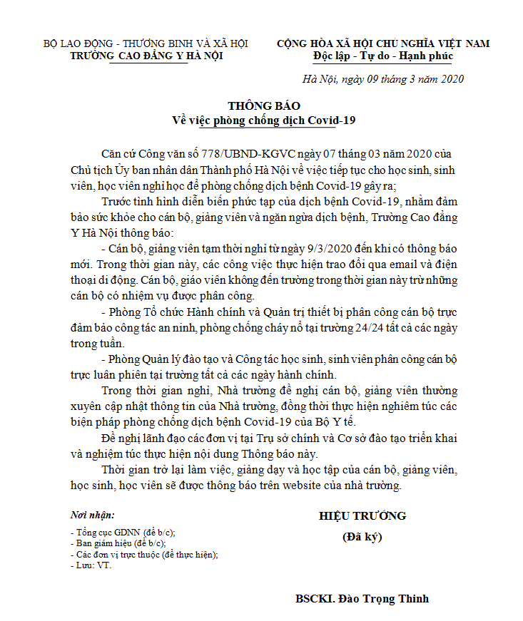 thông báo nghỉ do covid của trường cao đẳng y hà nội